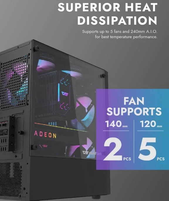 کیس کامپیوتر گیمینگ شیشه حرارت دیده دارک فلش DK300M M-ATX, ITX، دارای 3 فن RGB از پیش نصب شده، پشتیبانی از رادیاتور 240 میلی متری، اسلات های HDD و SSD، USB 3.0x1، USB 2.0 x2، HD AUDIO و پاور، کیس کامپیوتر