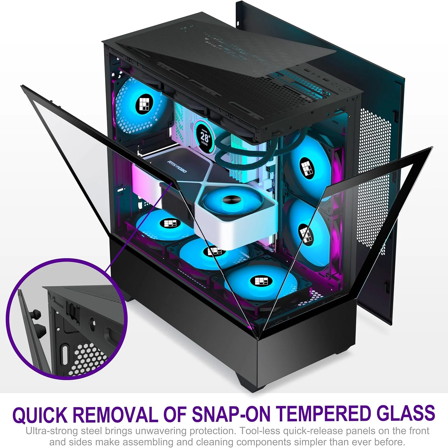 کیس کامپیوتر FOIFKIN - دارای 5 فن PWM ARGB از پیش نصب شده، کیس گیمینگ ATX Mid-Tower، مدل F1 مشکی