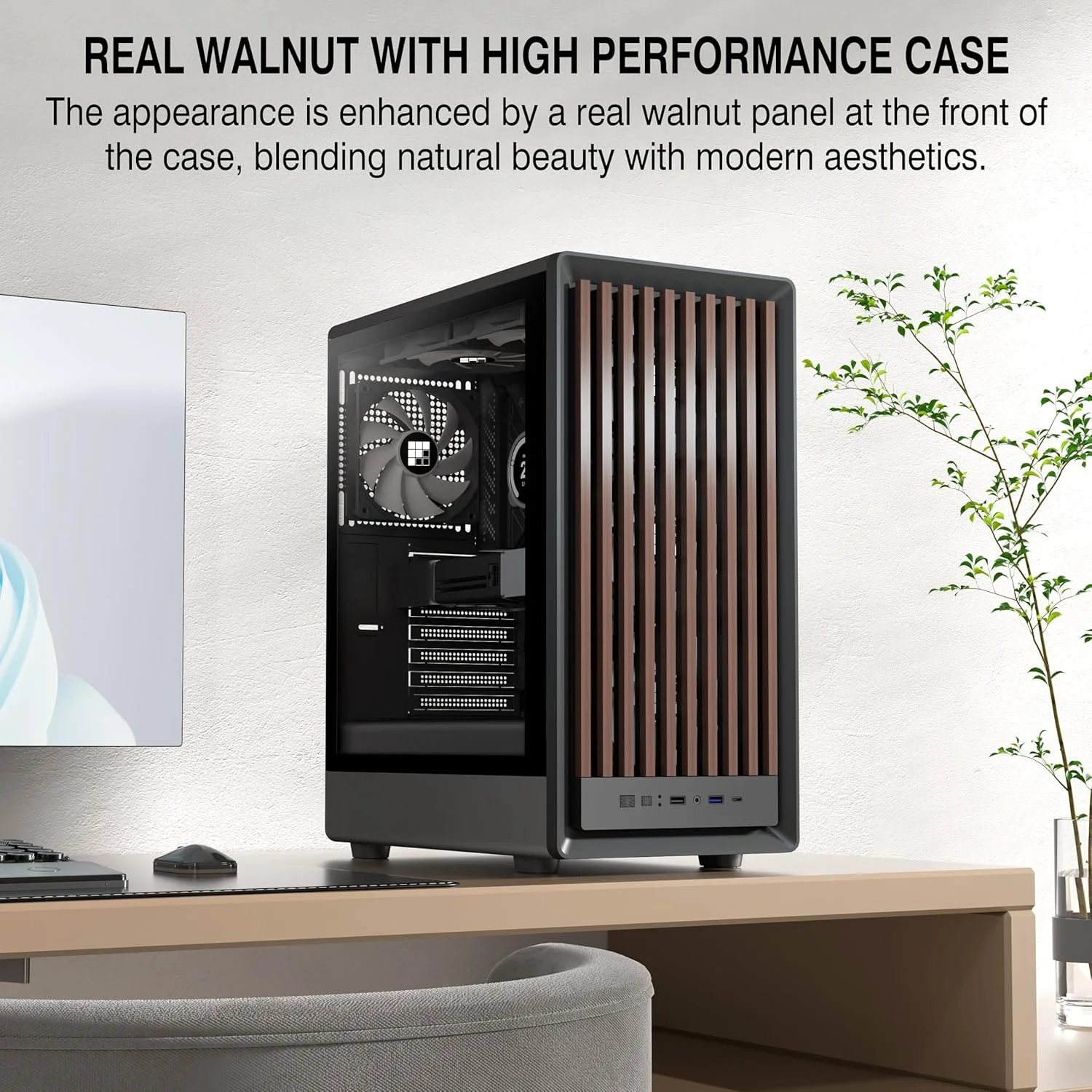 کیس کامپیوتر FOIFKIN M1 - پنل جلویی چوبی گردو، دارای 4 فن PWM ARGB از پیش نصب شده، کیس کامپیوتر گیمینگ ATX Mid-Tower، با Type-C، FOIFKIN، مشکی