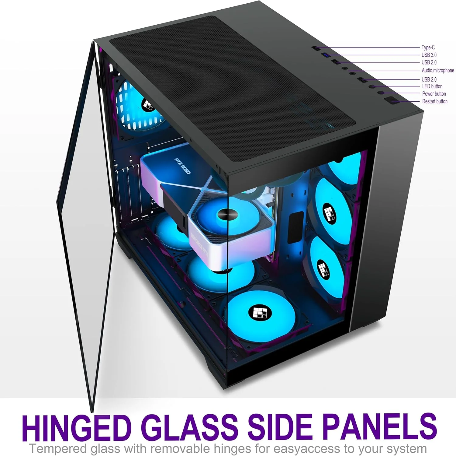 کیس کامپیوتر FOIFKIN - دارای 6 فن PWM ARGB از پیش نصب شده، کیس ATX Mid-Tower گیمینگ، با Type-C، مدل X600 مشکی