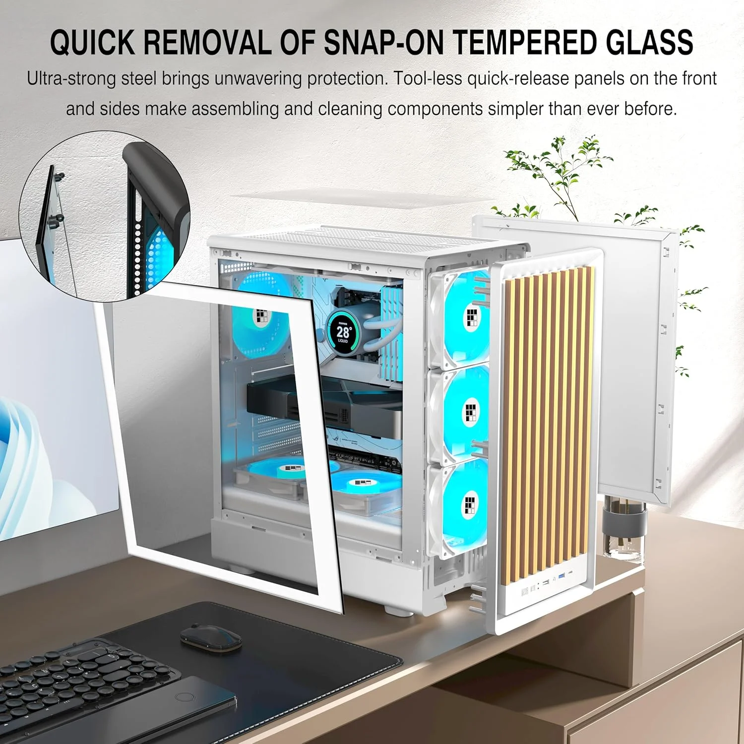 کیس کامپیوتر FOIFKIN M1 - پنل جلویی گردویی، دارای 4 فن PWM ARGB از پیش نصب شده، کیس گیمینگ ATX Mid-Tower، با Type-C، FOIFKIN (سفید، M1)