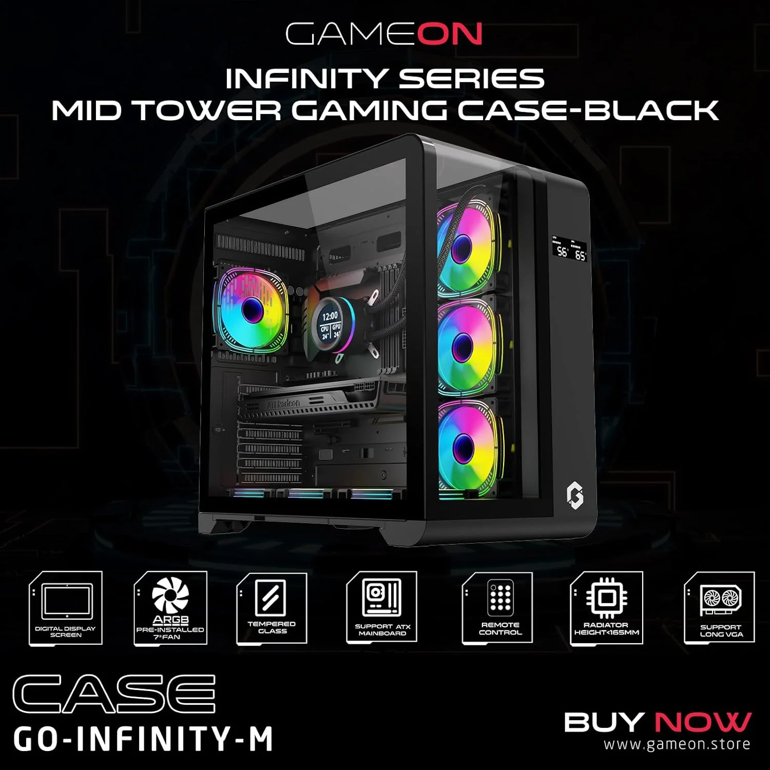 کیس کامپیوتر گیمینگ GAMEON GO-INFINITY-M – پشتیبانی از ATX/ATX/M-ATX، شیشه حرارت دیده، نورپردازی ARGB+PWM، دارای 7 فن از پیش نصب شده، آماده برای خنک کننده مایع 360 میلی متری