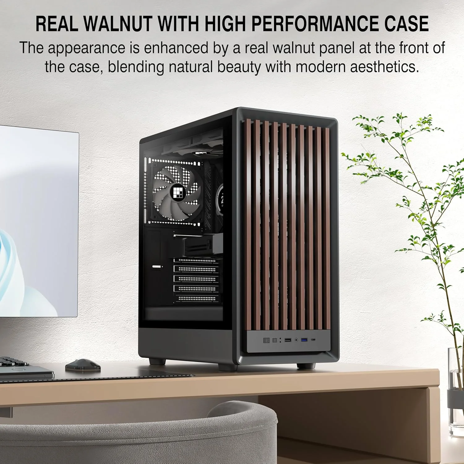 کیس کامپیوتر FOIFKIN مدل M1 - پنل جلویی چوبی گردو، دارای 4 فن PWM ARGB از پیش نصب شده، کیس کامپیوتر گیمینگ ATX Mid-Tower، با Type-C، مشکی
