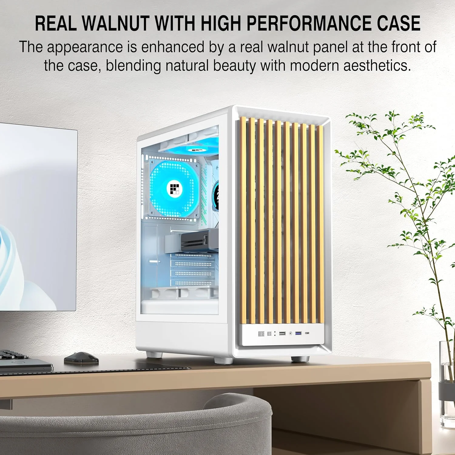 کیس کامپیوتر FOIFKIN M1 - پنل جلویی گردویی، دارای 4 فن PWM ARGB از پیش نصب شده، کیس گیمینگ ATX Mid-Tower، با Type-C، FOIFKIN (سفید، M1)