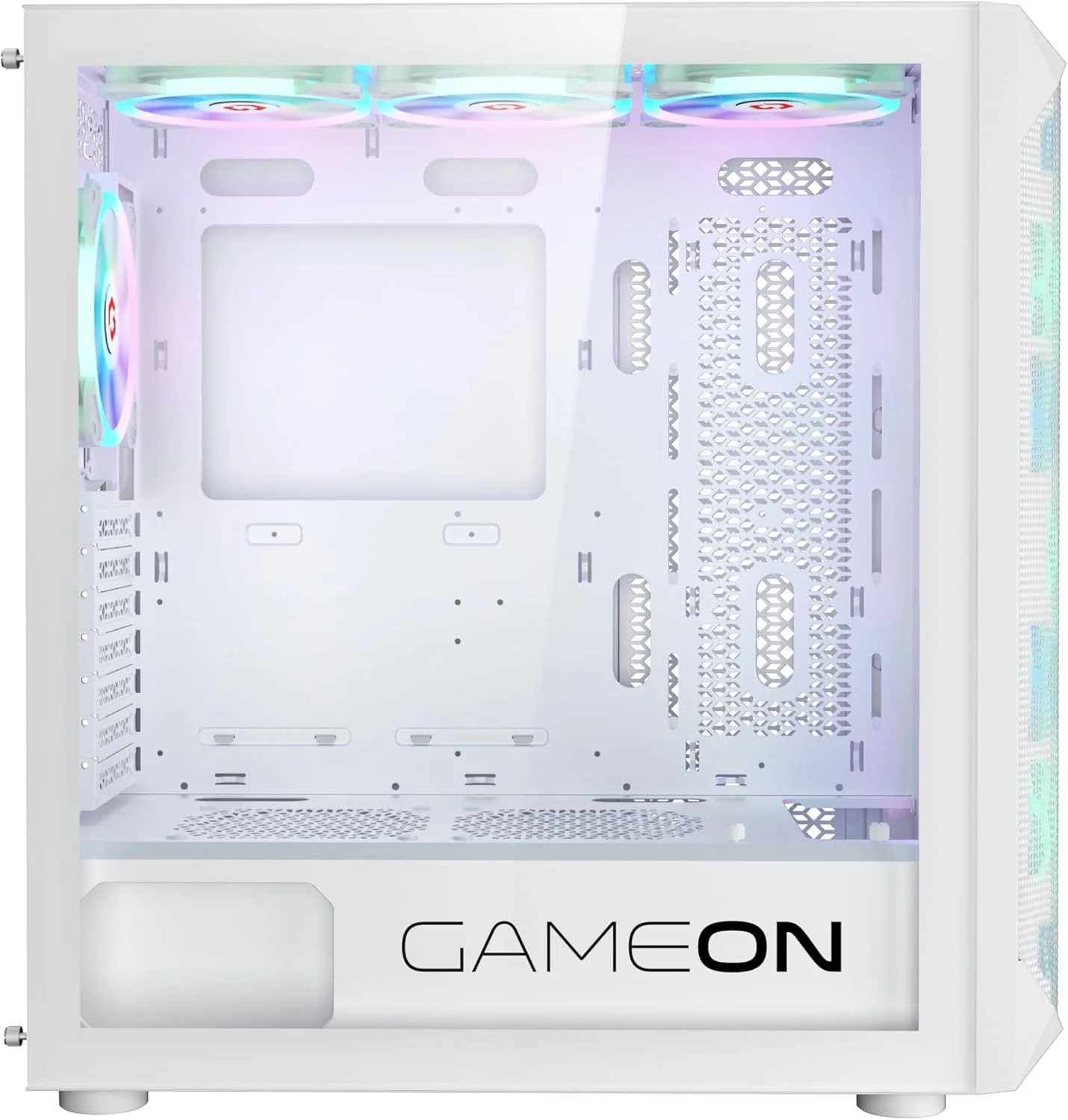 کیس گیمینگ مید تاور GAMEON Emperor Arctic I Series، نورپردازی 120mm ARGB+PWM، شیشه حرارت دیده، فن های خنک کننده RGB از پیش نصب شده، فیلترهای گرد و غبار، سازگاری گسترده با مادربرد، سفید