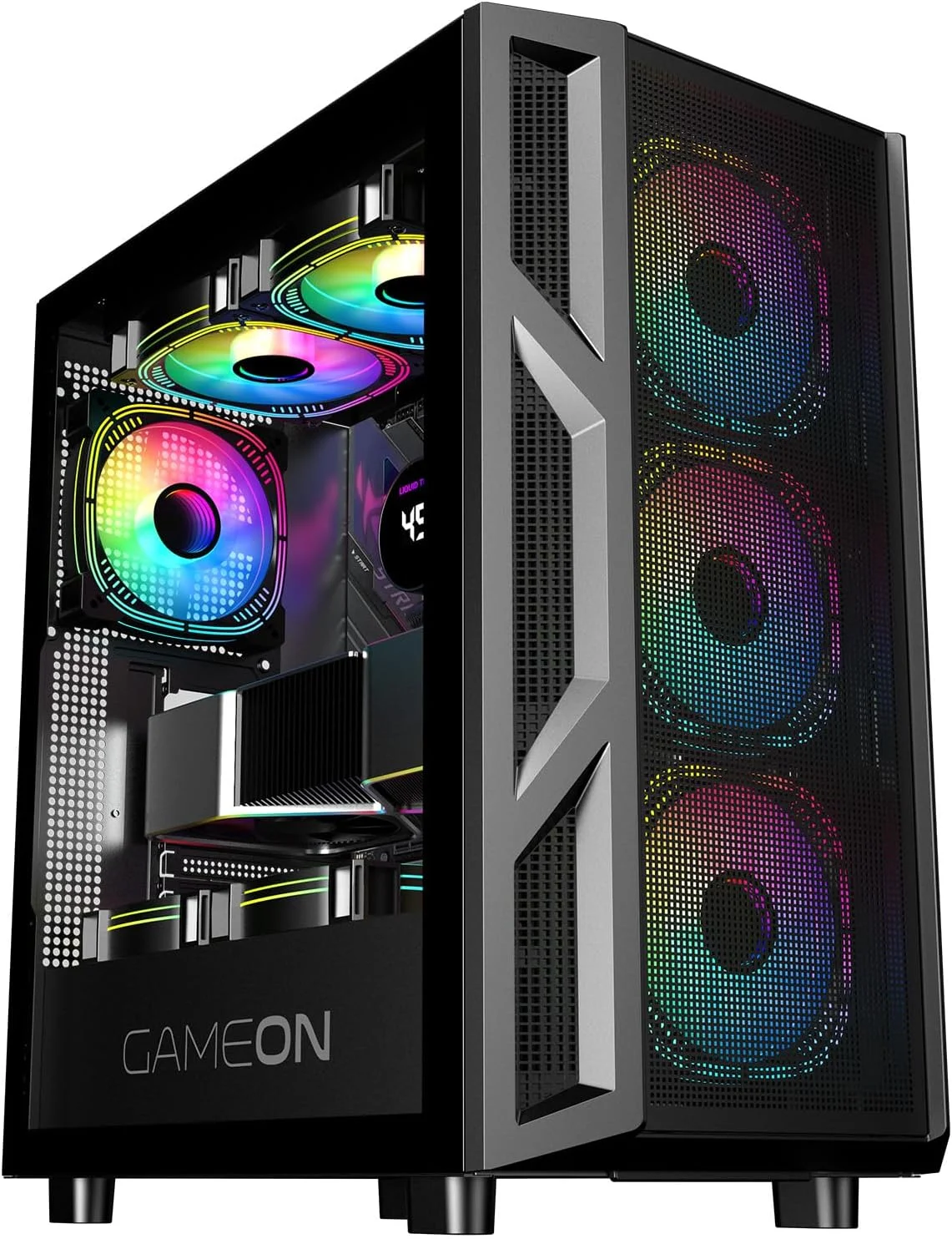 کیس کامپیوتر گیمینگ GAMEON Trident IV – پشتیبانی از ATX/M-ATX/ITX، نورپردازی ARGB+PWM، شیشه حرارت دیده، دارای 4 فن از پیش نصب شده، آماده برای خنک کننده مایع