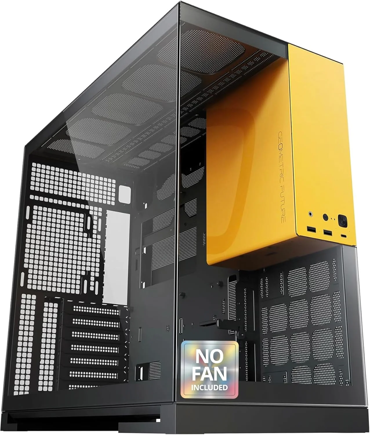 کیس مید تاور شیشه حرارت دیده Geometric Future M5، مناسب مادربردهای E-ATX/ATX، استیل 1.2 میلی‌متری، دارای پورت Type C، پنل‌های بدون نیاز به ابزار، پشتیبانی از رادیاتور 420/360، دو محفظه‌ای، مشکی/زرد، GEO-M5-BY