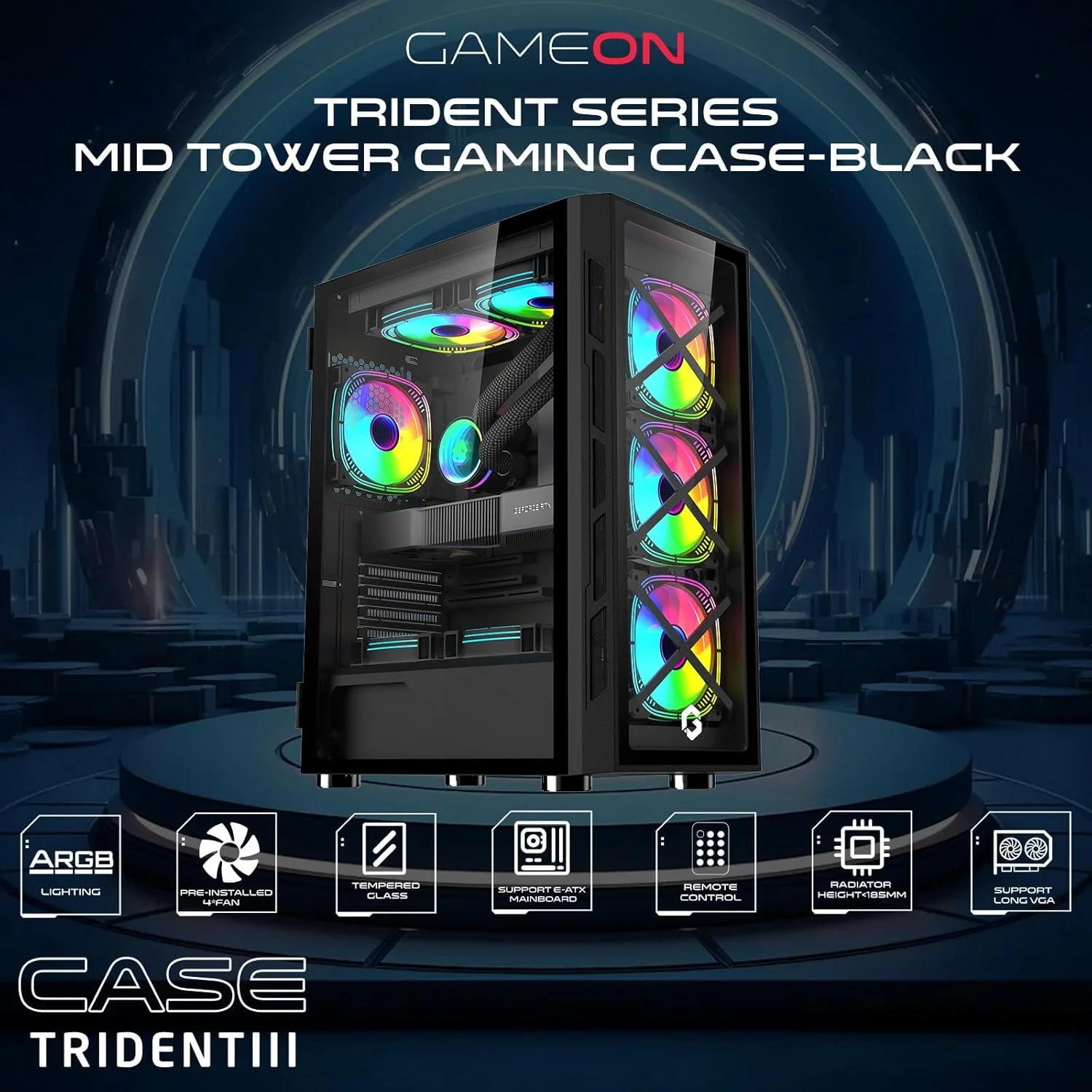کیس کامپیوتر گیمینگ GAMEON TRIDENT III – پشتیبانی از EATX/ATX/M-ATX/ITX، شیشه حرارت دیده، نورپردازی ARGB+PWM، دارای 4 فن از پیش نصب شده، آماده برای خنک کننده مایع 360 میلی متری - مشکی