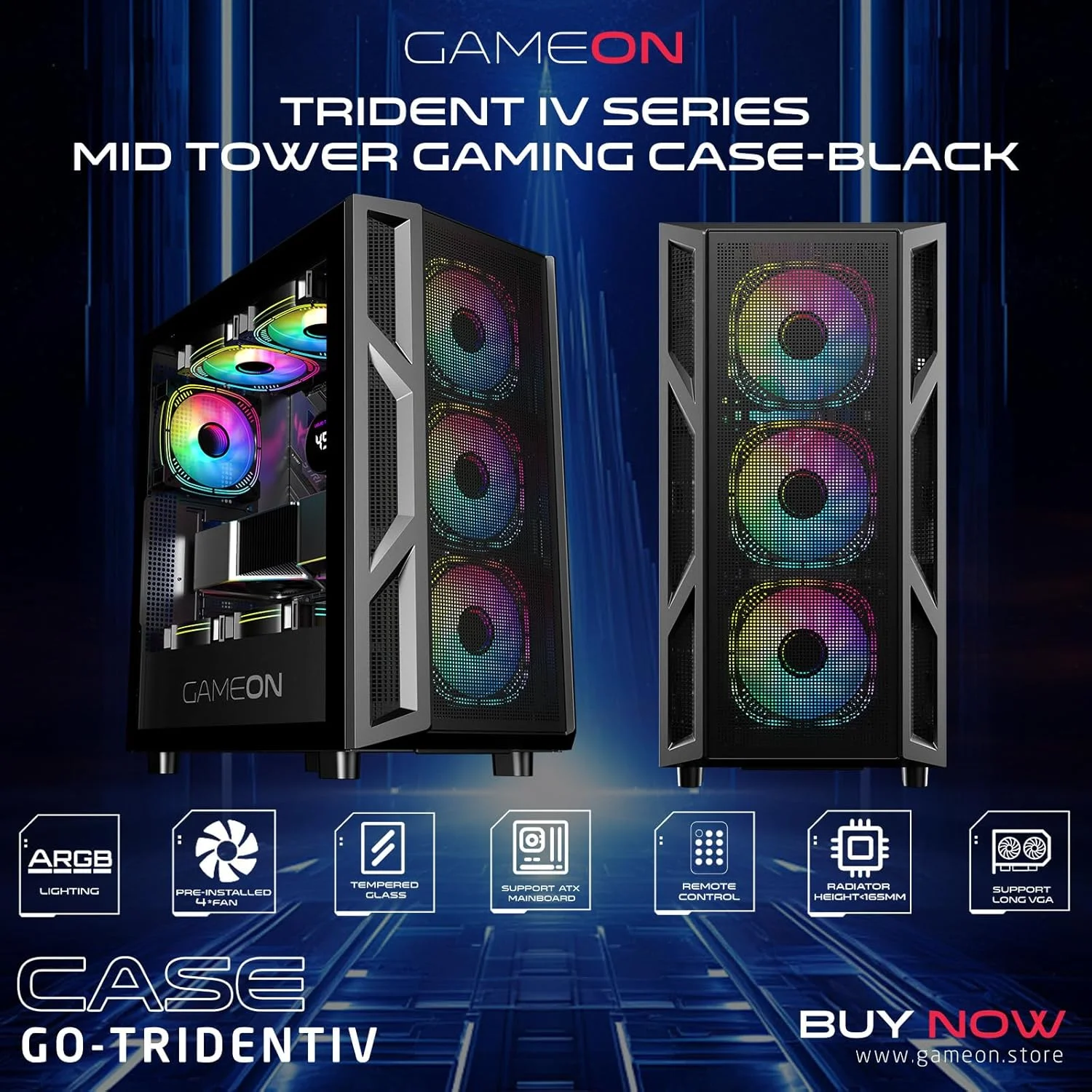 کیس کامپیوتر گیمینگ GAMEON Trident IV – پشتیبانی از ATX/M-ATX/ITX، نورپردازی ARGB+PWM، شیشه حرارت دیده، دارای 4 فن از پیش نصب شده، آماده برای خنک کننده مایع
