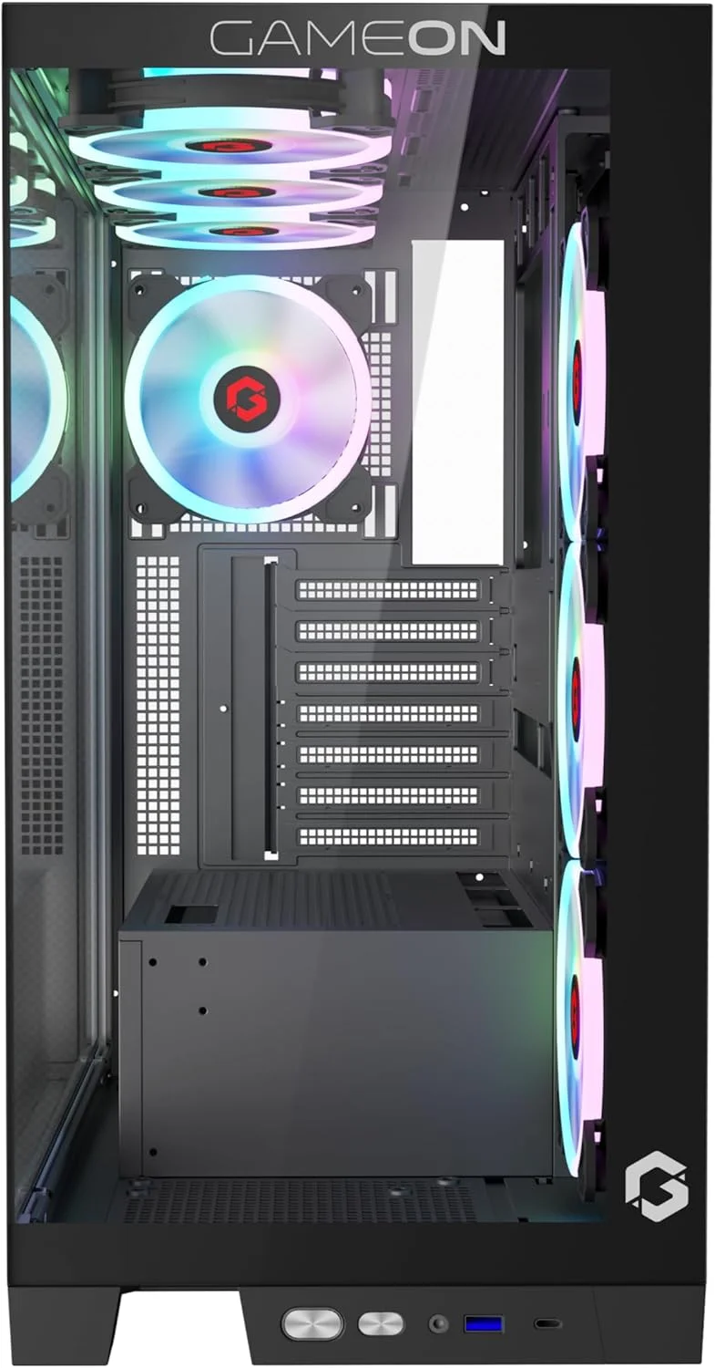 کیس کامپیوتر گیمینگ مید تاور GAMEON Emperor Midnight IV Series، نورپردازی 120mm ARGB+PWM، شیشه حرارت دیده، فن های خنک کننده RGB از پیش نصب شده، فیلترهای گرد و غبار، سازگاری گسترده با مادربرد، مشکی