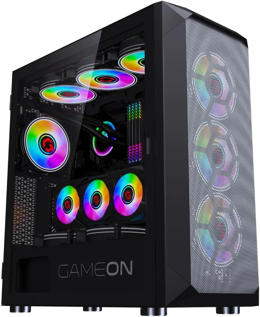 کیس گیمینگ مید تاور GAMEON Emperor Midnight Series، نورپردازی 120mm ARGB+PWM، شیشه حرارت دیده، فن های RGB از پیش نصب شده، فیلترهای گرد و غبار، سازگاری گسترده با مادربرد، مشکی