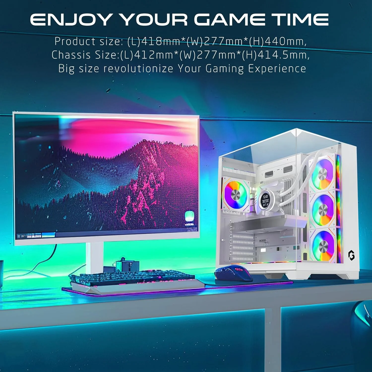 کیس کامپیوتر گیمینگ GAMEON VALKYRIE I – پشتیبانی از ATX/M-ATX/ITX، شیشه حرارت دیده، نورپردازی ARGB+PWM، دارای 7 فن از پیش نصب شده، آماده برای خنک کننده مایع 360 میلی متری - سفید