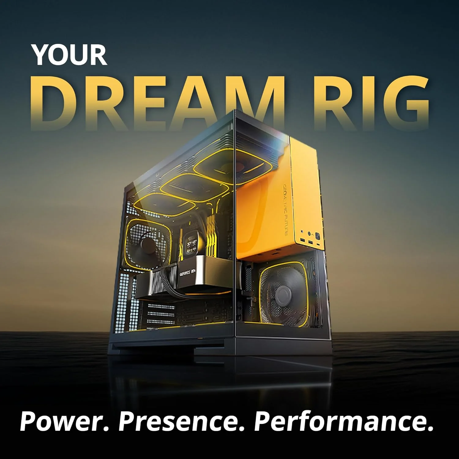 کیس مید تاور شیشه حرارت دیده Geometric Future M5، مناسب مادربردهای E-ATX/ATX، استیل 1.2 میلی‌متری، دارای پورت Type C، پنل‌های بدون نیاز به ابزار، پشتیبانی از رادیاتور 420/360، دو محفظه‌ای، مشکی/زرد، GEO-M5-BY