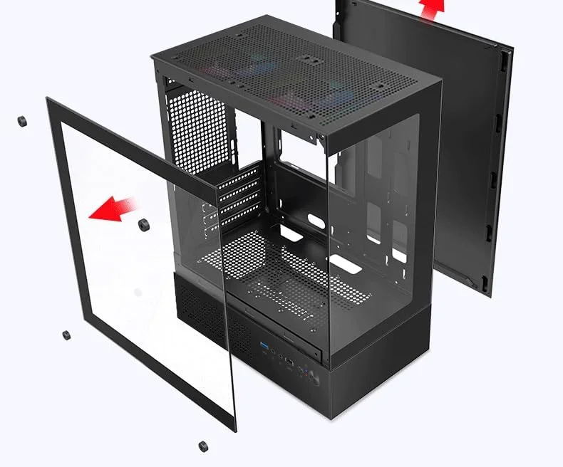کیس کامپیوتر گیمینگ M-ITX/ATX با طراحی پانورامای 270 درجه، دارای 3 فن رنگی 120 میلی‌متری از پیش نصب شده، پشتیبانی از هیت سینک تا 160 میلی‌متر، دارای پورت USB 2.0 * 1 و USB 3.0 * 1، اسلات SSD * 1، اسلات HDD * 1