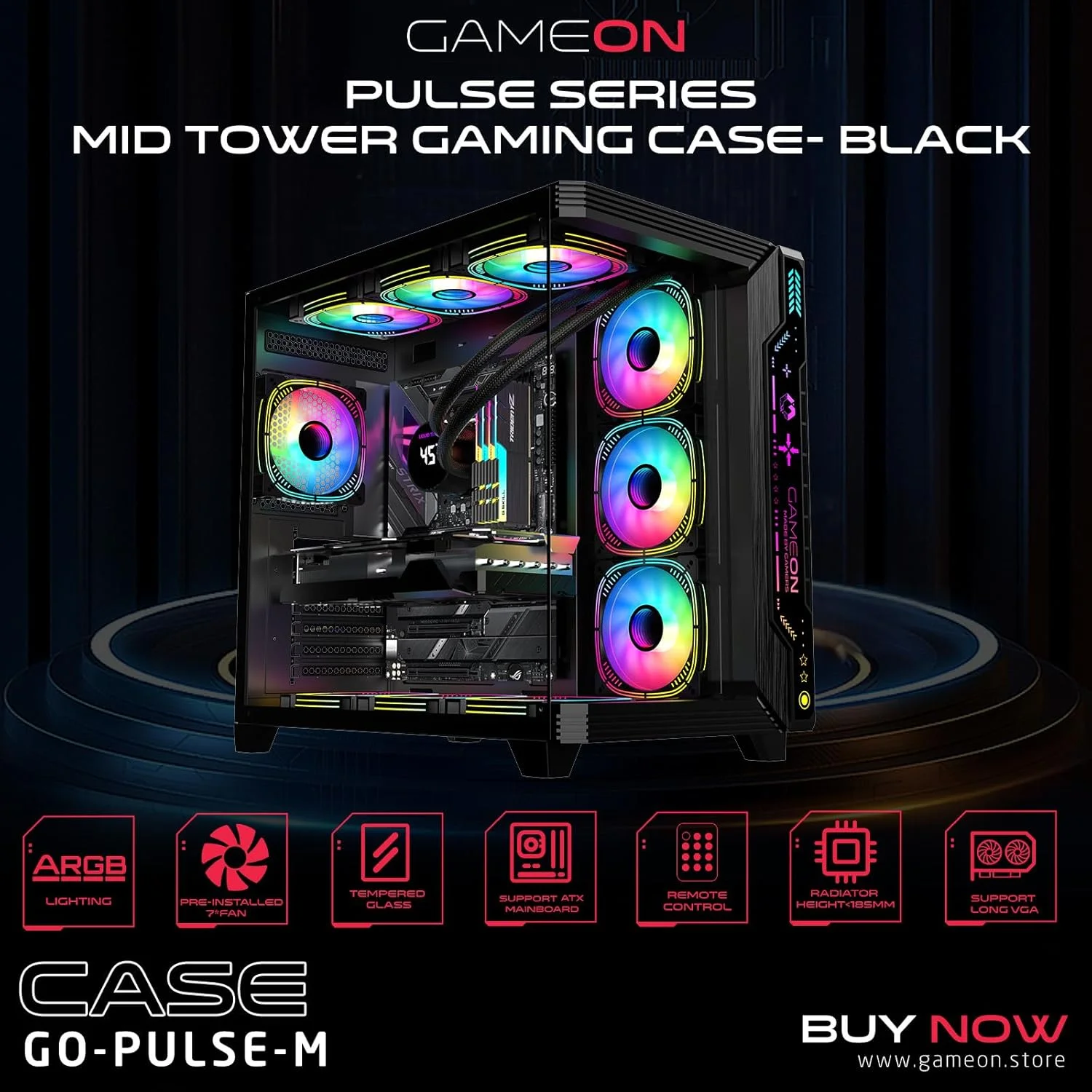 کیس کامپیوتر گیمینگ GAMEON PULSE-M – پشتیبانی از ATX/M-ATX/ITX، شیشه حرارت دیده، نورپردازی ARGB+PWM، دارای 7 فن از پیش نصب شده، آماده برای خنک کننده مایع 360 میلی متری