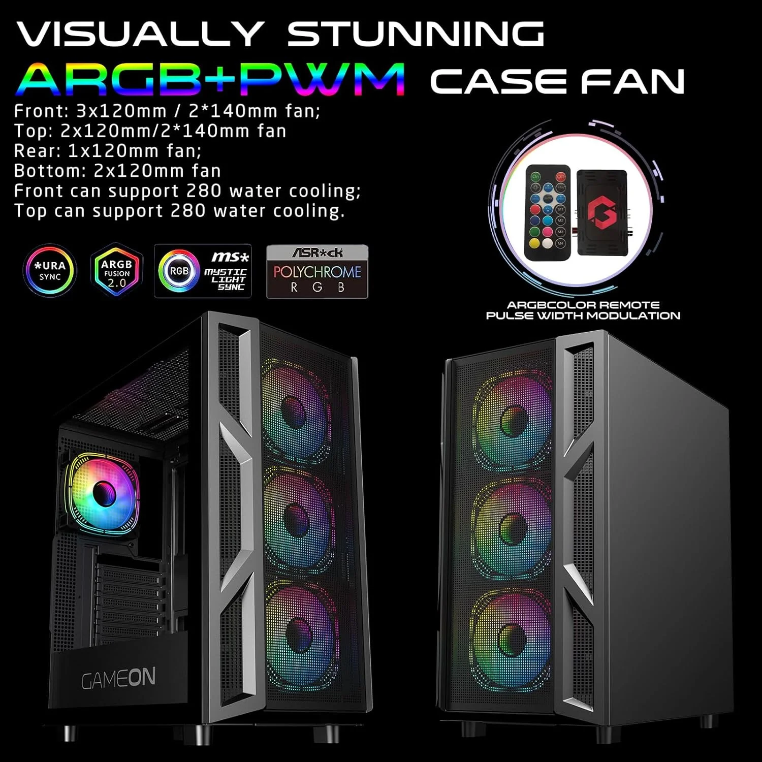 کیس کامپیوتر گیمینگ GAMEON Trident IV – پشتیبانی از ATX/M-ATX/ITX، نورپردازی ARGB+PWM، شیشه حرارت دیده، دارای 4 فن از پیش نصب شده، آماده برای خنک کننده مایع