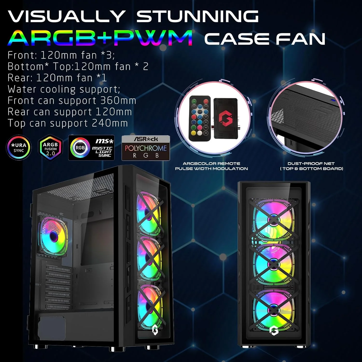 کیس کامپیوتر گیمینگ GAMEON TRIDENT III – پشتیبانی از EATX/ATX/M-ATX/ITX، شیشه حرارت دیده، نورپردازی ARGB+PWM، دارای 4 فن از پیش نصب شده، آماده برای خنک کننده مایع 360 میلی متری - مشکی