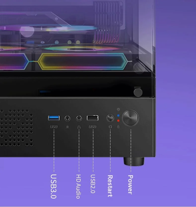 کیس کامپیوتر گیمینگ M-ITX/ATX با طراحی پانورامای 270 درجه، دارای 3 فن رنگی 120 میلی‌متری از پیش نصب شده، پشتیبانی از هیت سینک تا 160 میلی‌متر، دارای پورت USB 2.0 * 1 و USB 3.0 * 1، اسلات SSD * 1، اسلات HDD * 1