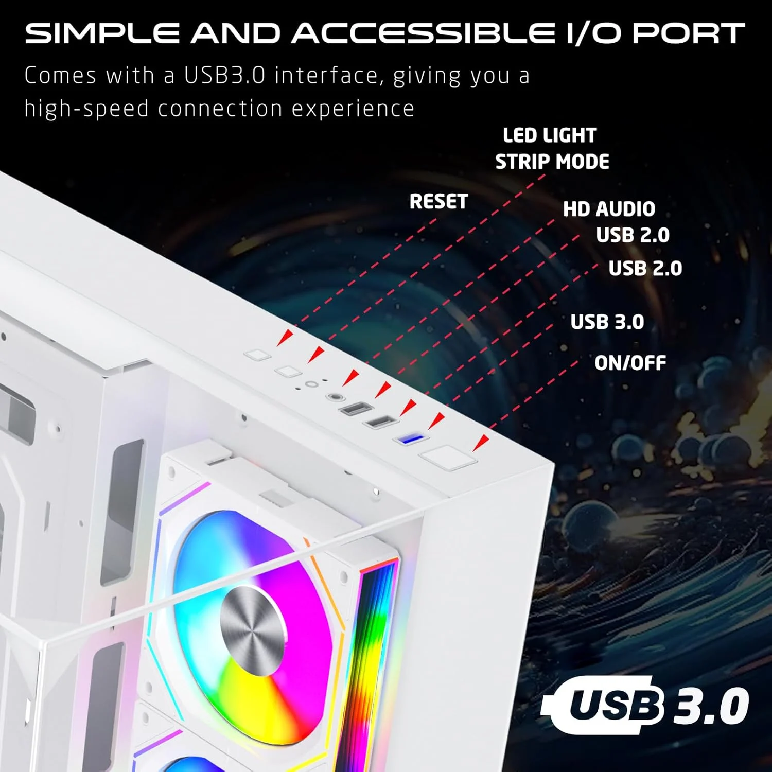 کیس کامپیوتر گیمینگ GAMEON VALKYRIE I – پشتیبانی از ATX/M-ATX/ITX، شیشه حرارت دیده، نورپردازی ARGB+PWM، دارای 7 فن از پیش نصب شده، آماده برای خنک کننده مایع 360 میلی متری - سفید