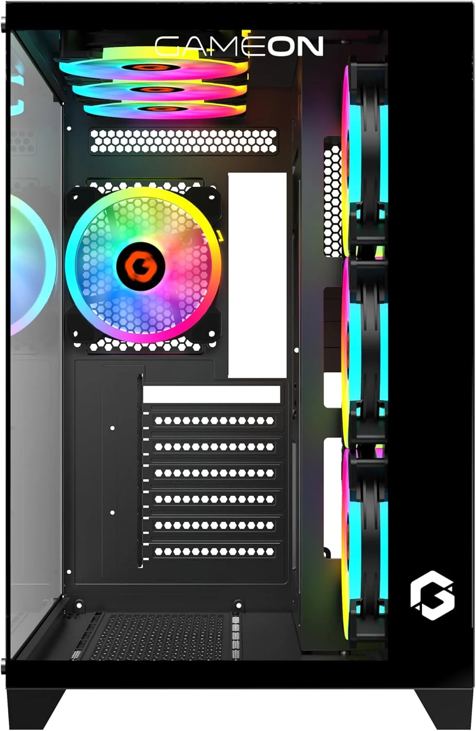 کیس گیمینگ مید تاور GAMEON Emperor Midnight Series، نورپردازی 120mm ARGB+PWM، شیشه حرارت دیده، فن های RGB از پیش نصب شده، فیلترهای گرد و غبار، سازگاری گسترده با مادربرد، مشکی