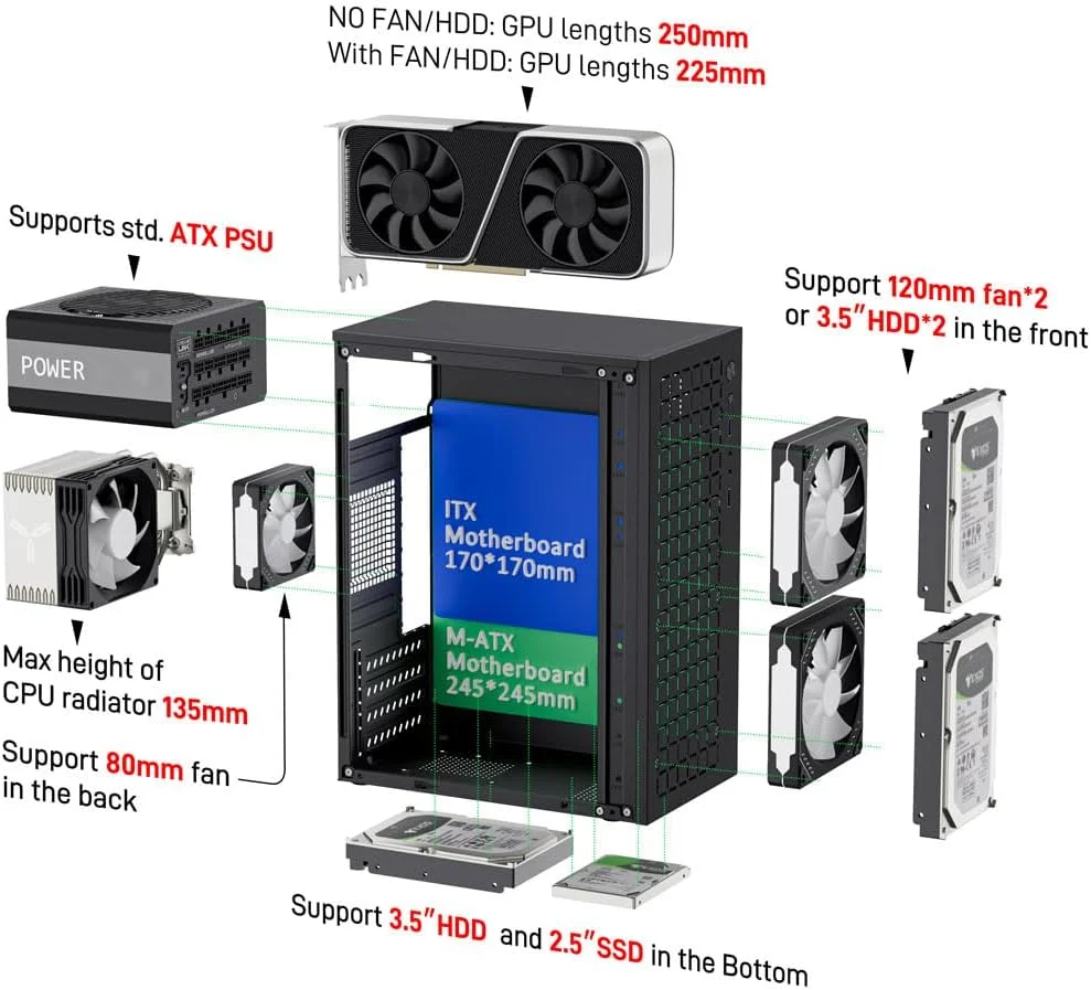 کیس کامپیوتر JOYJOM Micro ATX: کیس MATX مینی کامپیوتر ITX کیس کامپیوتر رومیزی پشتیبانی از Micro ATX MATX DTX ITX مینی کامپیوتر با USB3.0، پشتیبانی از هارد دیسک 3.5 اینچی (مشکی)