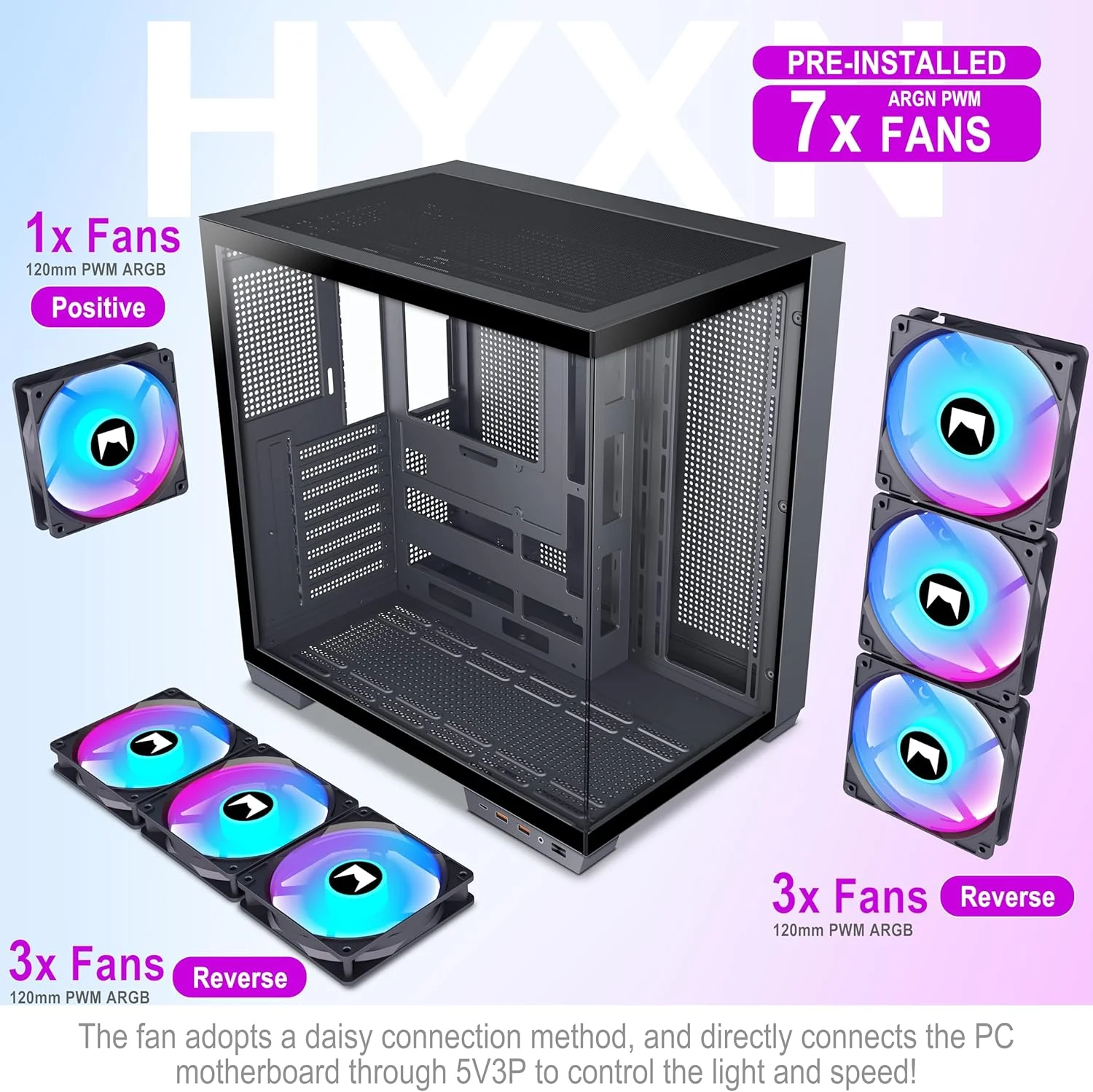 کیس کامپیوتر HYXN H1 ATX - دارای 7 فن PWM ARGB از پیش نصب شده - کیس گیمینگ میدتاور PC با محفظه دوگانه - دارای Type-C - قابلیت نگهداری همزمان تا 3 هیت سینک 360 میلی متری (مشکی، H1)