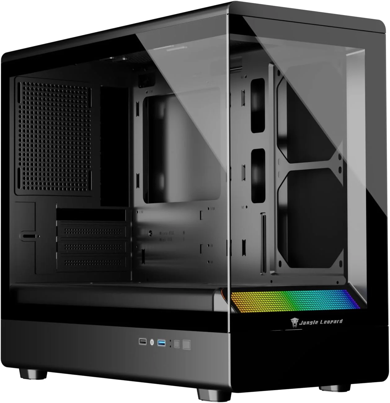 کیس کامپیوتر گیمینگ Micro ATX جنگل لئوپارد MS-01 – شیشه حرارت دیده، پشتیبانی از خنک کننده مایع، فیلترهای گرد و غبار مغناطیسی (مشکی)