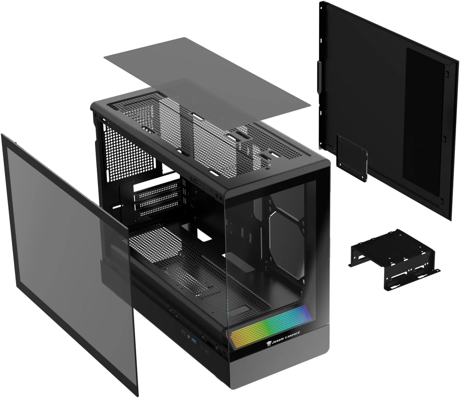 کیس کامپیوتر گیمینگ Micro ATX جنگل لئوپارد MS-01 – شیشه حرارت دیده، پشتیبانی از خنک کننده مایع، فیلترهای گرد و غبار مغناطیسی (مشکی)