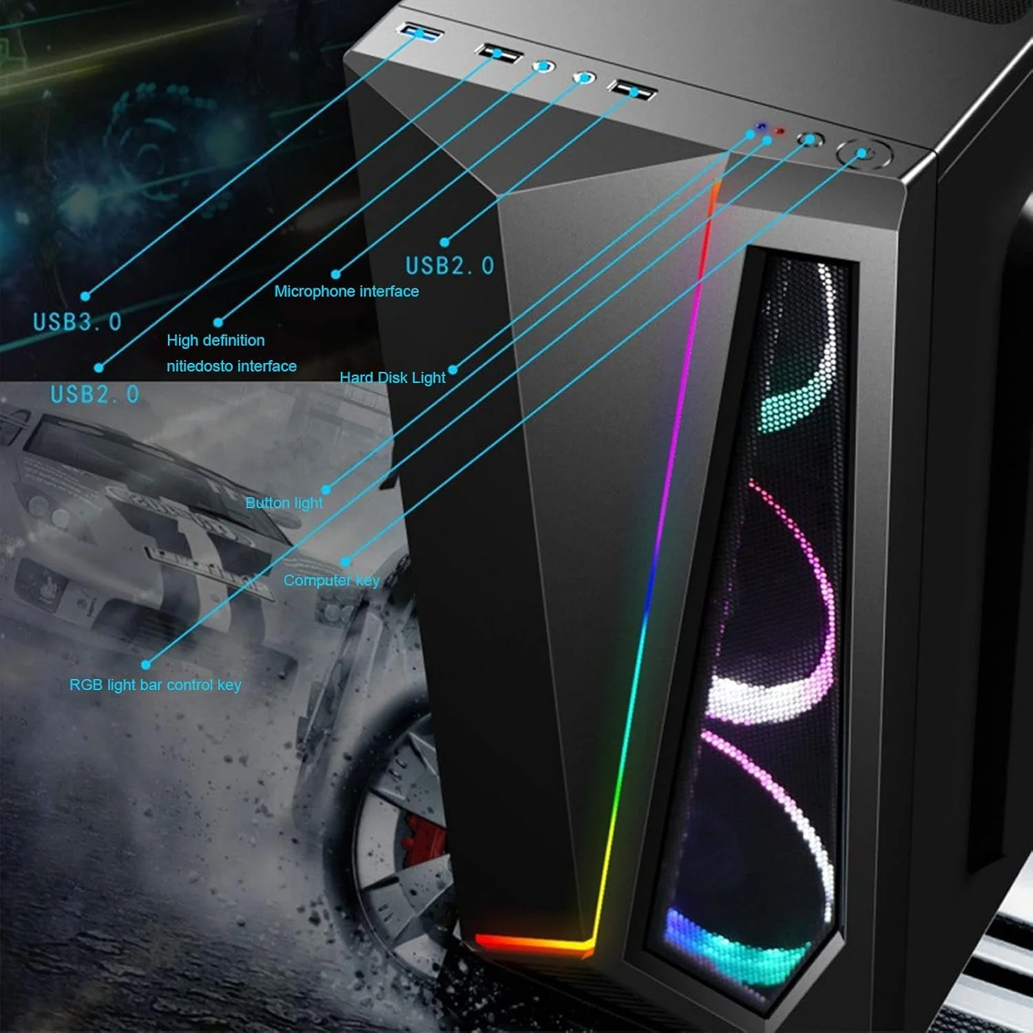 کیس شاسی کامپیوتر رومیزی، کیس بازی کامپیوتر ATX USB Micro ATX کیس کامپیوتر شیشه ای حرارت دیده شاسی بازی نورپردازی خنک کیس کامپیوتر شاسی بازی برای کامپیوتر شخصی/رومیزی/کامپیوتر