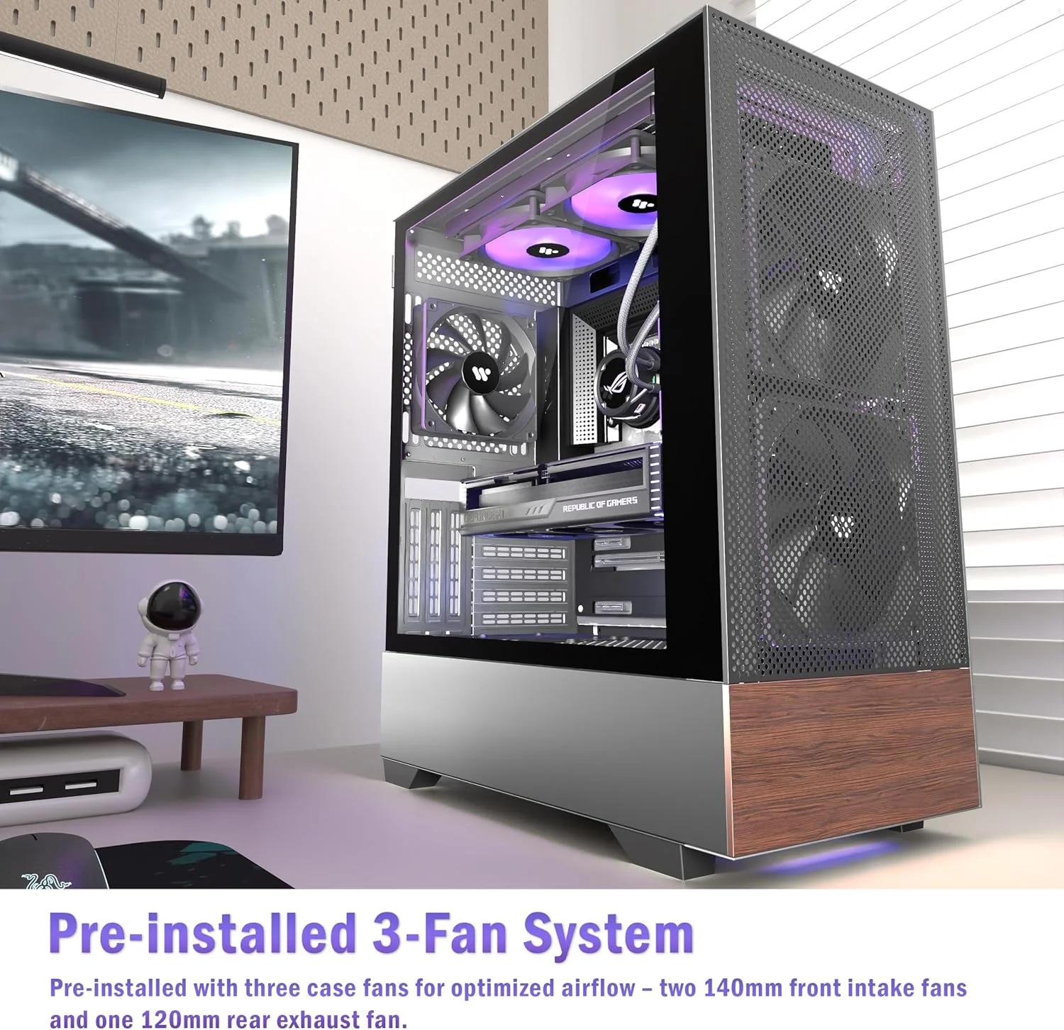 کیس کامپیوتر KEDIERS ATX با ۳ فن از پیش نصب شده، کیس مید تاور با شیشه حرارت دیده، پنل های چوبی طرح گردو، پشتیبانی از رادیاتور ۳۶۰ میلی متری، کیس مشکی مخصوص بازی (H3)