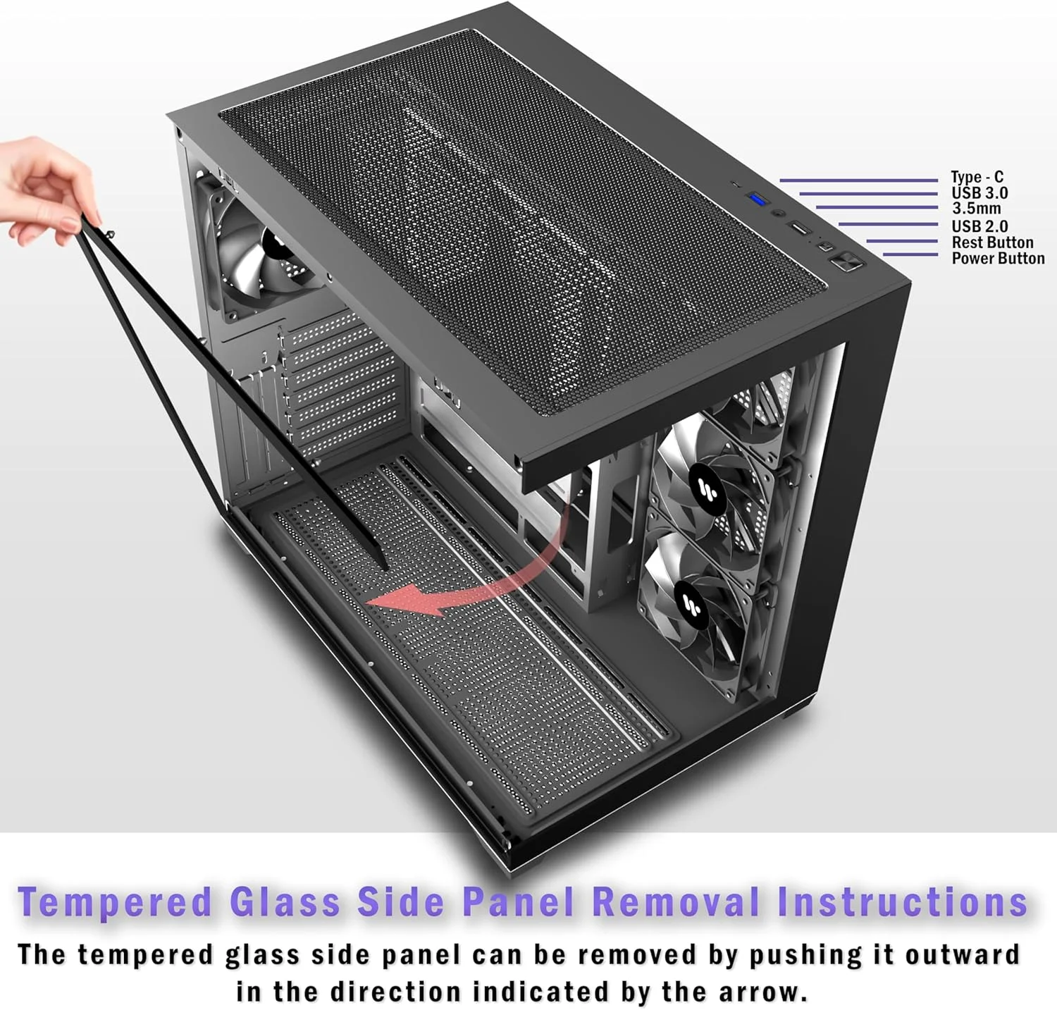کیس کامپیوتر KEDIERS ATX با ۴ فن از پیش نصب شده، کیس مید تاور کامپیوتر Type-C با شیشه حرارت دیده دوگانه با نمای کامل، کیس کامپیوتر گیمینگ، مشکی، K4