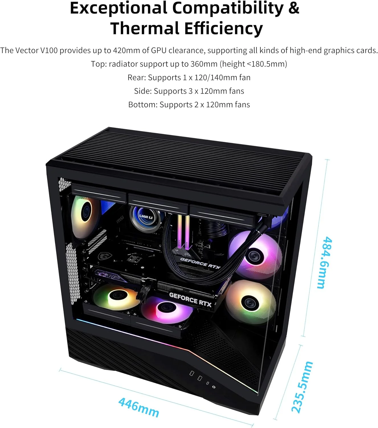 کیس کامپیوتر Lian Li V100 ATX Mid-Tower، دارای 4 فن 120 میلی‌متری ARGB PWM از پیش نصب شده، نوار LED RGB، پلتفرم نمایش با شیشه حرارت دیده، پشتیبانی از کارت گرافیک 415 میلی‌متری، رادیاتور 360 میلی‌متری، جریان هوای بهینه - مشکی (V100RX)