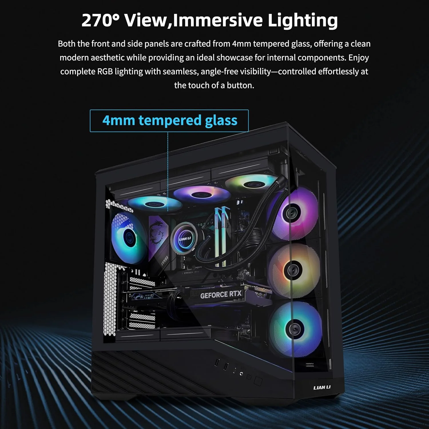 کیس کامپیوتر Lian Li V100 ATX Mid-Tower، دارای 4 فن 120 میلی‌متری ARGB PWM از پیش نصب شده، نوار LED RGB، پلتفرم نمایش با شیشه حرارت دیده، پشتیبانی از کارت گرافیک 415 میلی‌متری، رادیاتور 360 میلی‌متری، جریان هوای بهینه - مشکی (V100RX)