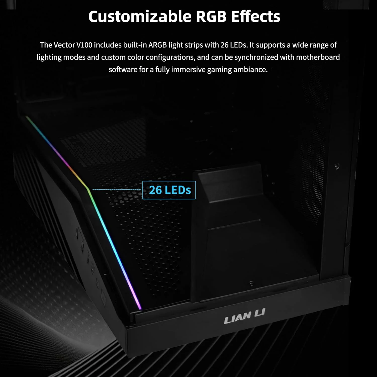 کیس کامپیوتر Lian Li V100 ATX Mid-Tower، دارای 4 فن 120 میلی‌متری ARGB PWM از پیش نصب شده، نوار LED RGB، پلتفرم نمایش با شیشه حرارت دیده، پشتیبانی از کارت گرافیک 415 میلی‌متری، رادیاتور 360 میلی‌متری، جریان هوای بهینه - مشکی (V100RX)