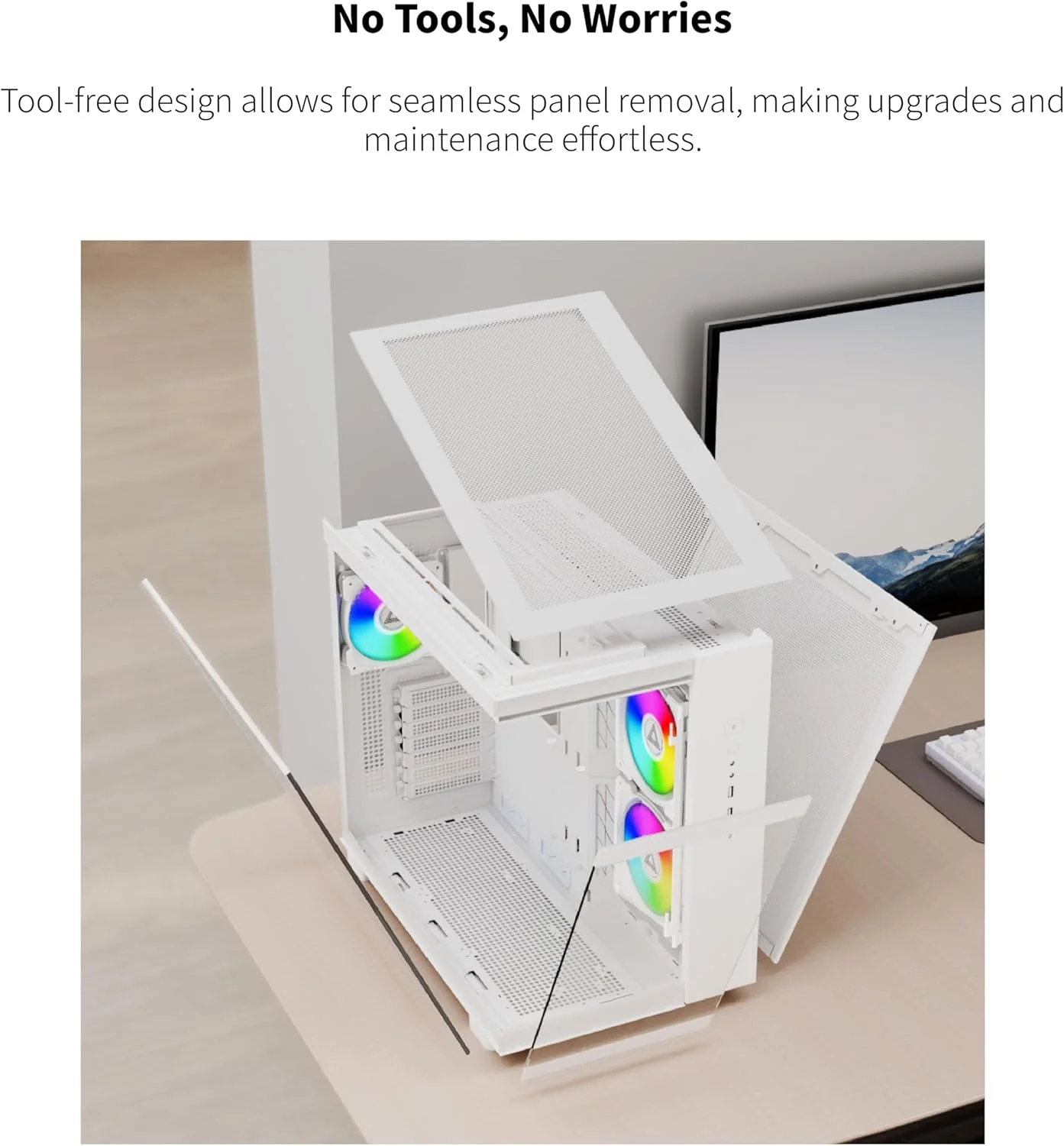 کیس کامپیوتر گیمینگ MONTECH King 65 PRO ATX Mid Tower، محفظه دوگانه، پنل های مشبک با جریان هوای بالا، پشتیبانی از سری RTX 40، دارای 3 فن ARGB از پیش نصب شده، دسترسی آسان و بدون ابزار - سفید