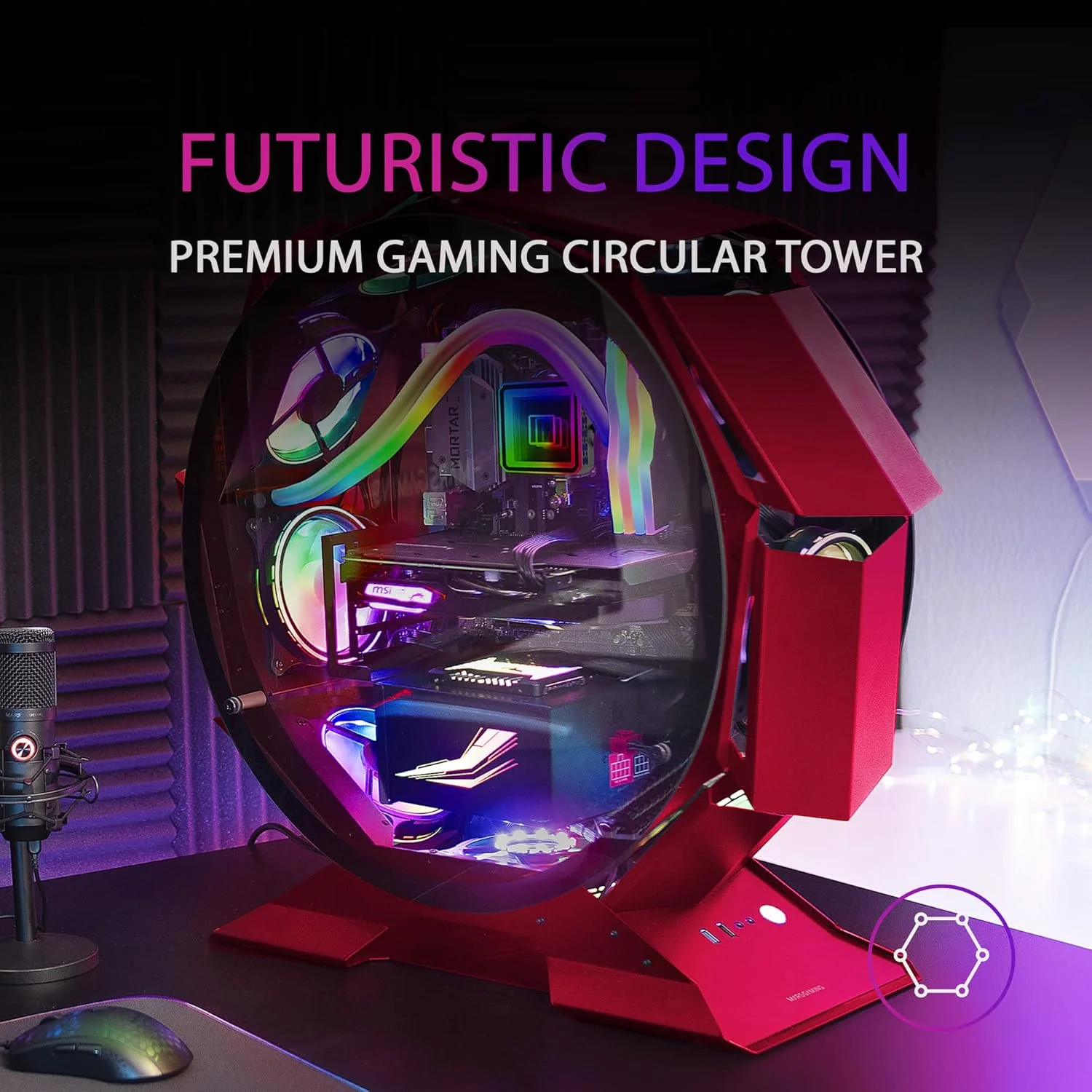 کیس کامپیوتر گیمینگ Micro-ATX XL مارس گیمینگ MCORB قرمز، طراحی دایره ای سفارشی، شیشه دو جداره حرارت دیده