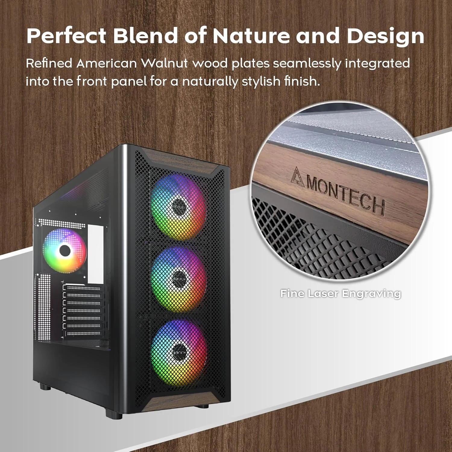 کیس کامپیوتر MONTECH XR Wood با پنل جلویی از چوب گردوی سیاه اصل، کیس گیمینگ مید تاور ATX، پنل جانبی شیشه ای، دارای 4 فن 120 میلی متری GF120 ARGB PWM از پیش نصب شده، مشکی