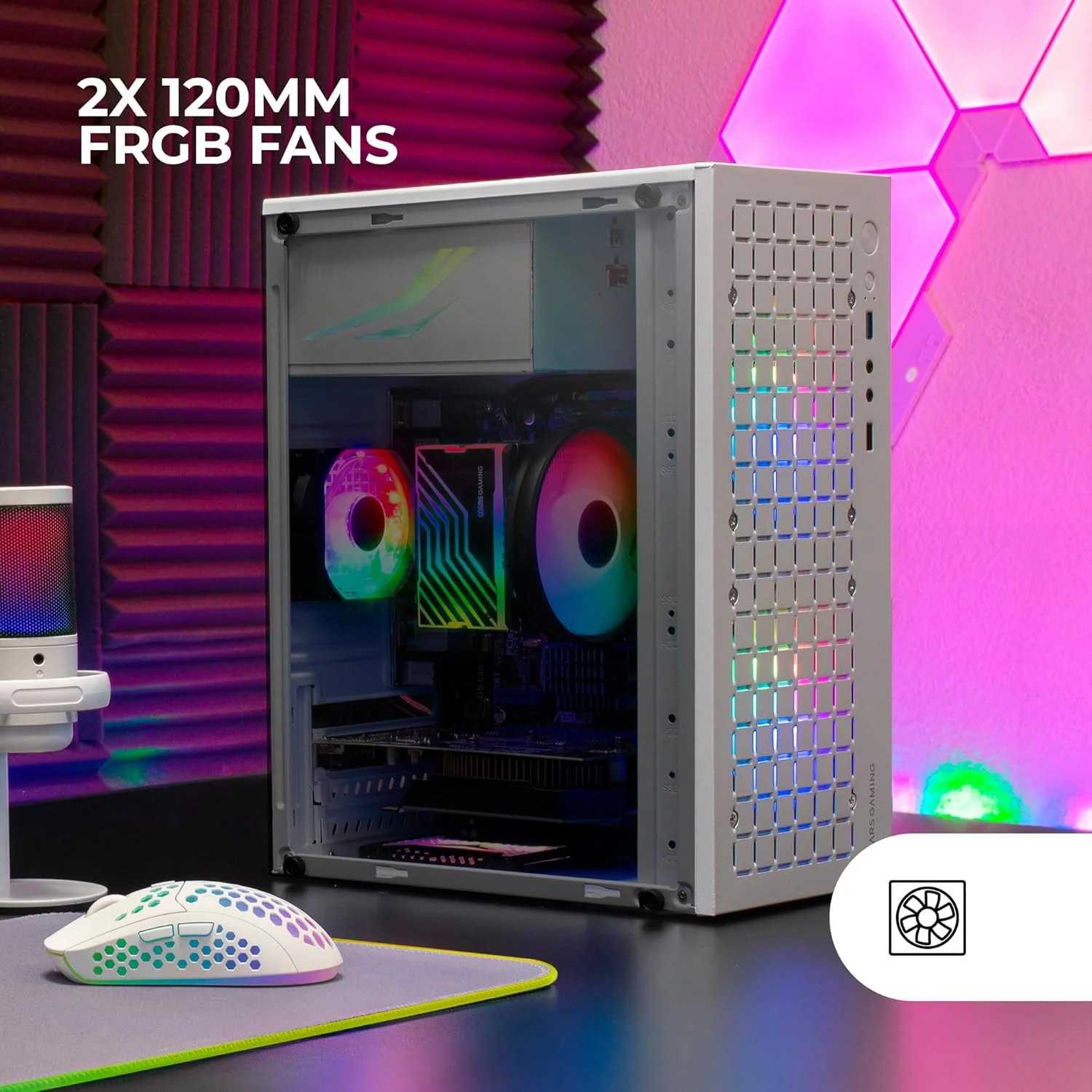 کیس کامپیوتر فوق فشرده Mars Gaming MC-CORE Micro-ATX، طراحی توری فلزی در جلو، 2 فن 120 میلی متری FRGB، کیس گیمینگ با پنجره جانبی کامل، کیس کامپیوتر Mini-ITX، USB 3.0، سفید