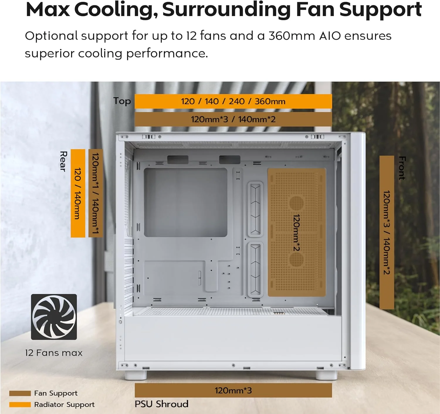 کیس کامپیوتر MONTECH XR Wood با پنل جلویی از چوب گردوی سیاه اصل، کیس گیمینگ مید تاور ATX، پنل جانبی شیشه ای، دارای 4 فن 120 میلی متری GF120 ARGB PWM از پیش نصب شده، مشکی