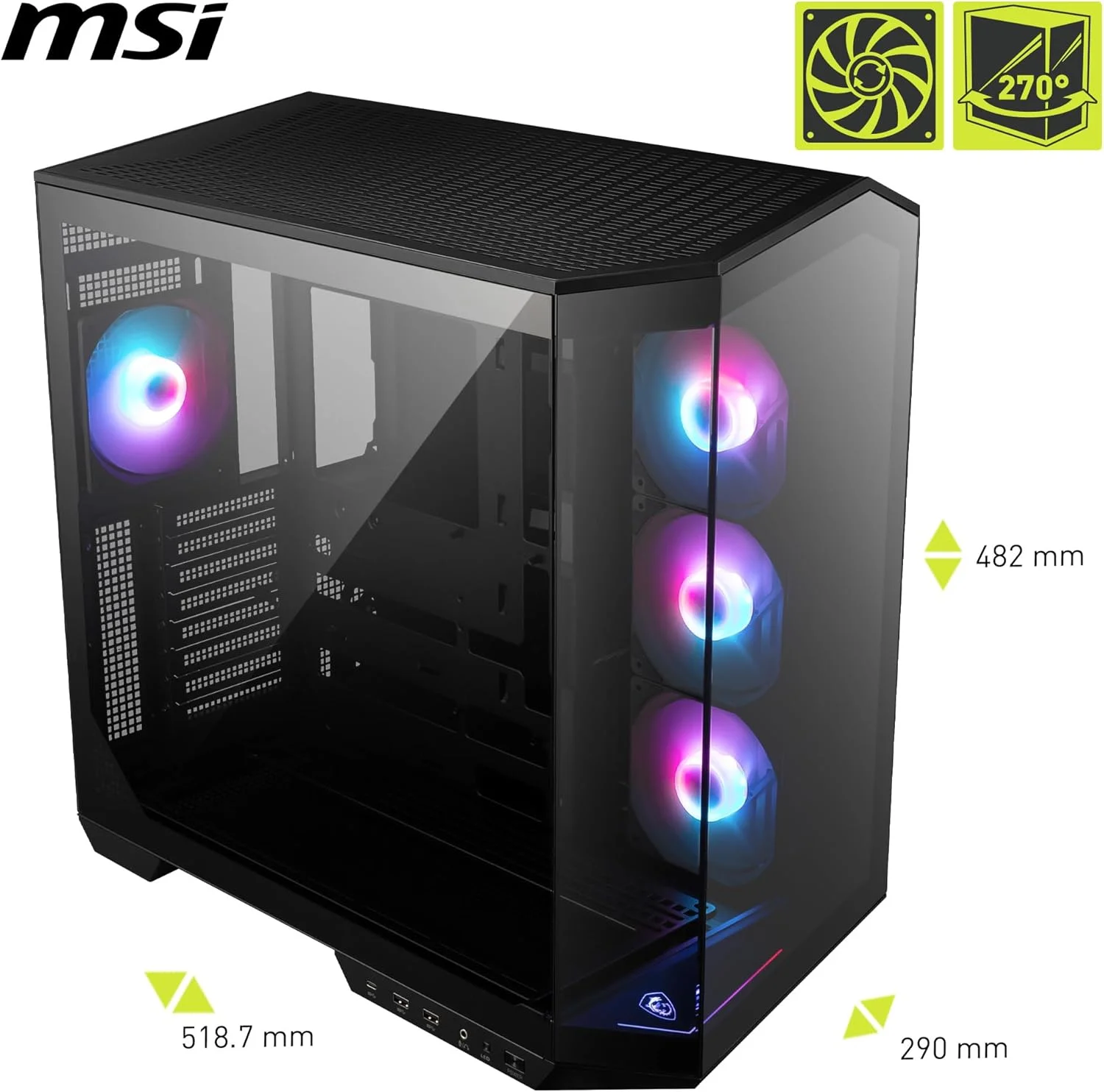 کیس کامپیوتر ام اس آی مدل MAG PANO 100R PZ ATX - ظرفیت ATX، براکت نصب عمودی کارت گرافیک، نگهدارنده کارت گرافیک، فیلترهای گرد و غبار، براکت چرخشی ذخیره سازی، دو محفظه، USB 20Gbps Type-C
