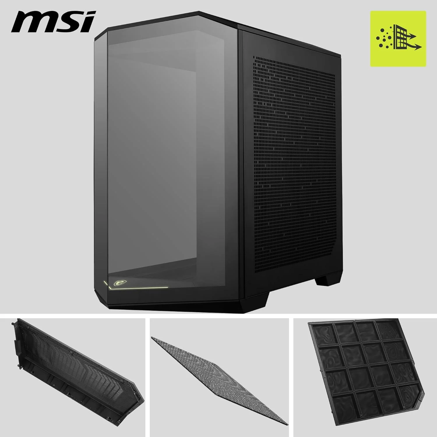 کیس کامپیوتر ام اس آی مدل MAG PANO 100R PZ ATX - ظرفیت ATX، براکت نصب عمودی کارت گرافیک، نگهدارنده کارت گرافیک، فیلترهای گرد و غبار، براکت چرخشی ذخیره سازی، دو محفظه، USB 20Gbps Type-C