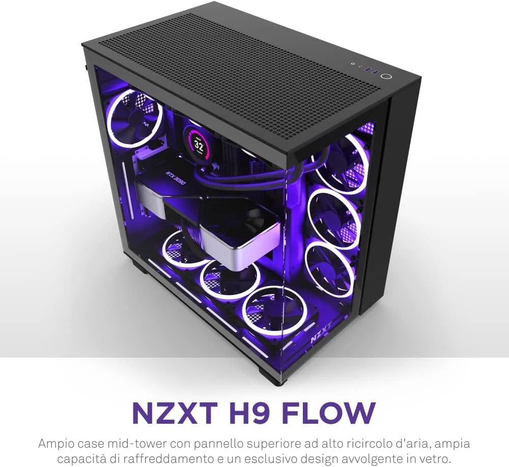 کیس گیمینگ NZXT H9 Flow Dual-Chamber ATX Mid-Tower PC مدل CM-H91FB-01 - پنل بالایی مشبک با جریان هوای بالا، پنل های جلویی و جانبی شیشه ای حرارت دیده، پشتیبانی از رادیاتور 360 میلی متری، مدیریت کابل