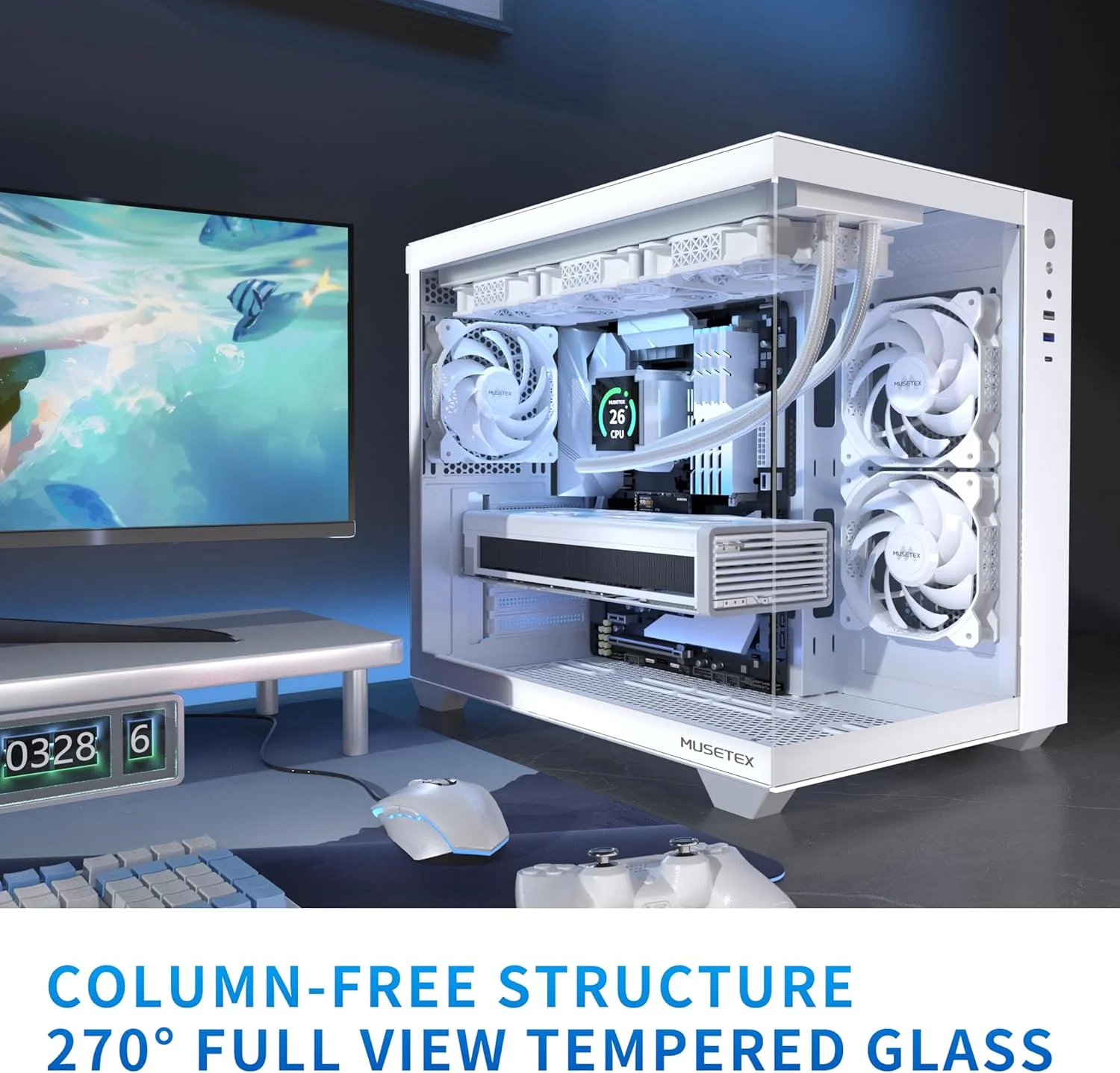 کیس کامپیوتر MUSETEX ATX، پشتیبانی از رادیاتور 360 میلی‌متری، کیس گیمینگ Type C، کیس Mid Tower با نمای کامل 270 درجه شیشه حرارت دیده، 3 فن از پیش نصب شده بدون LED، کیس کامپیوتر ATX سفید خالص، Y6