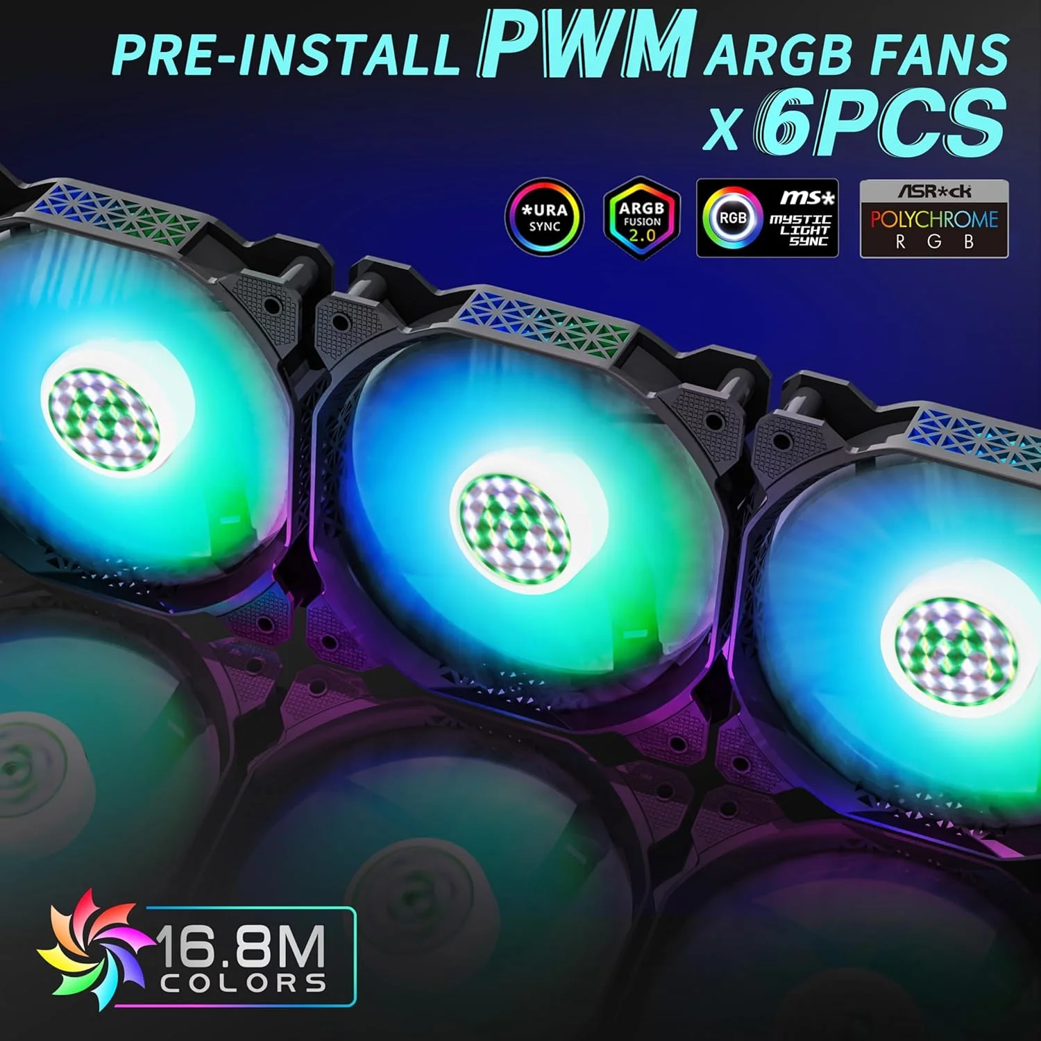 کیس کامپیوتر MUSETEX ATX با ۶ فن PWM ARGB از پیش نصب شده، کیس گیمینگ کامپیوتر مشبک چند ضلعی، کیس Mid-Tower با پنل جانبی شیشه حرارت دیده بازشو، USB 3.0 x 2، مشکی، NN8