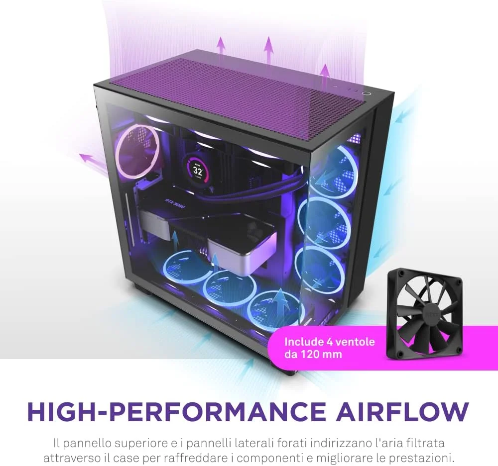 کیس گیمینگ NZXT H9 Flow Dual-Chamber ATX Mid-Tower PC مدل CM-H91FB-01 - پنل بالایی مشبک با جریان هوای بالا، پنل های جلویی و جانبی شیشه ای حرارت دیده، پشتیبانی از رادیاتور 360 میلی متری، مدیریت کابل