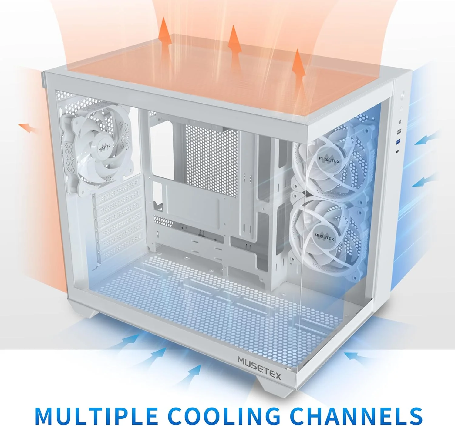 کیس کامپیوتر MUSETEX ATX، پشتیبانی از رادیاتور 360 میلی‌متری، کیس گیمینگ Type C، کیس Mid Tower با نمای کامل 270 درجه شیشه حرارت دیده، 3 فن از پیش نصب شده بدون LED، کیس کامپیوتر ATX سفید خالص، Y6