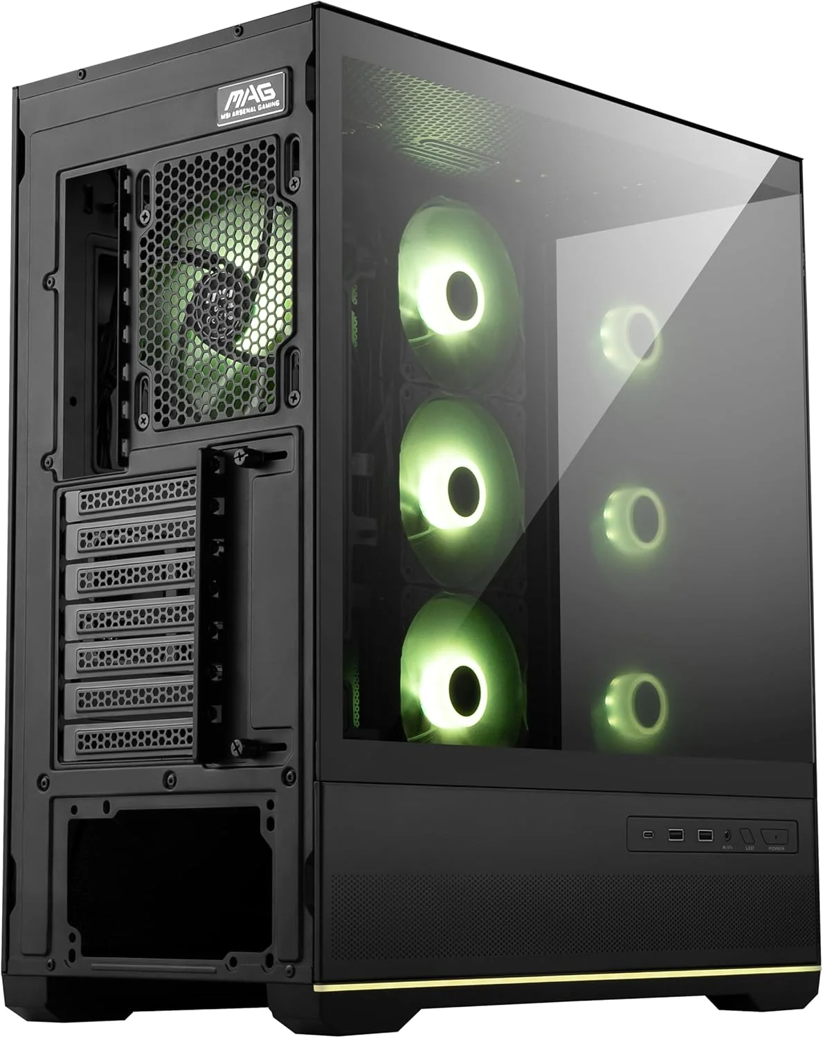 کیس کامپیوتر گیمینگ میان برج ام اس آی مدل MAG PANO 110R PZ - پنل کناری شیشه حرارت دیده - 3 عدد فن ARGB 120 میلی متری - پشتیبانی از خنک کننده مایع تا رادیاتور 360 میلی متری - پنل مشبک برای جریان هوای بهینه