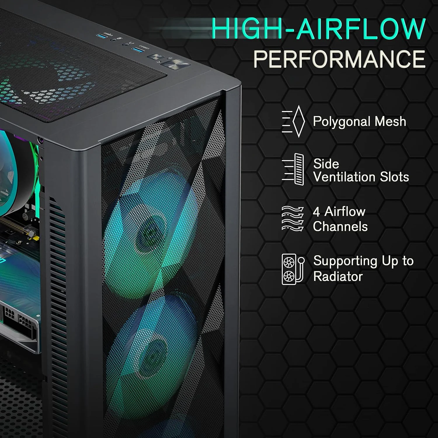 کیس کامپیوتر MUSETEX ATX با ۶ فن PWM ARGB از پیش نصب شده، کیس گیمینگ کامپیوتر مشبک چند ضلعی، کیس Mid-Tower با پنل جانبی شیشه حرارت دیده بازشو، USB 3.0 x 2، مشکی، NN8