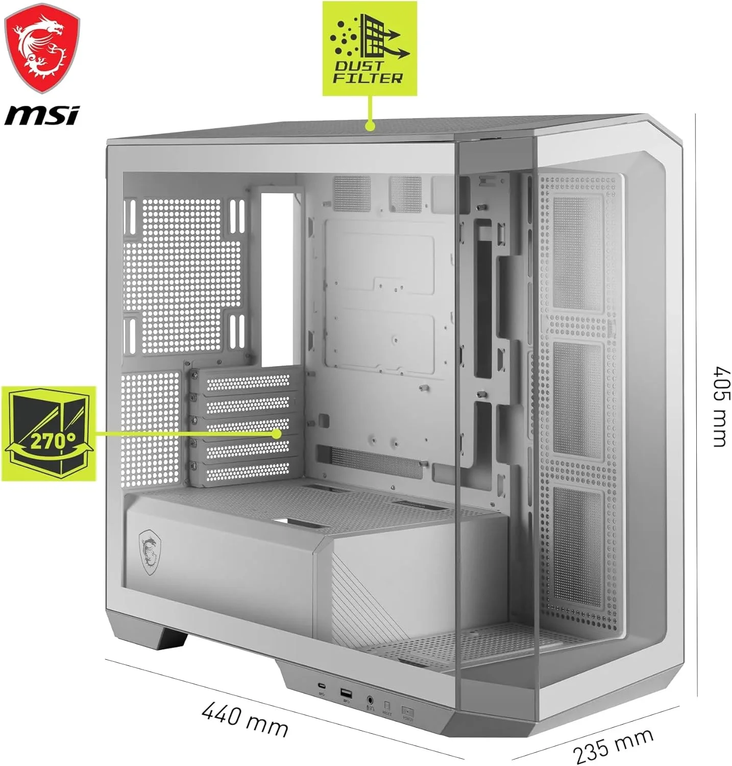 کیس کامپیوتر Micro-ATX ام اس آی مدل MAG PANO M100L PZ سفید - ظرفیت Micro ATX، پایه نگهدارنده کارت گرافیک، نشانگر تراز، فیلتر گرد و غبار، فضای مدیریت کابل 33 میلی متری، USB Type-C (20Gbps)
