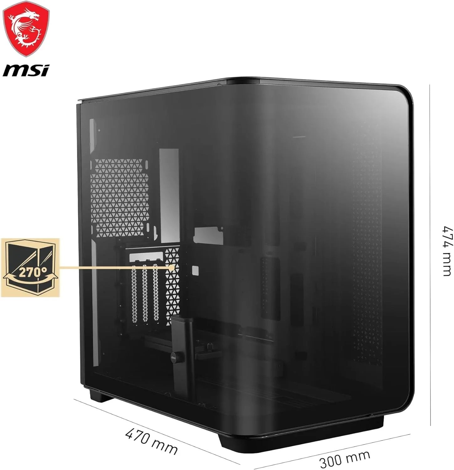 کیس کامپیوتر مید تاور MSI MEG MAESTRO 700L PZ، E-ATX، براکت کارت گرافیک عمودی و کابل رایزر PCIe 4.0، پایه کارت گرافیک، محفظه دوگانه، پنل شیشه ای حرارت دیده منحنی 270 درجه یک تکه - مشکی